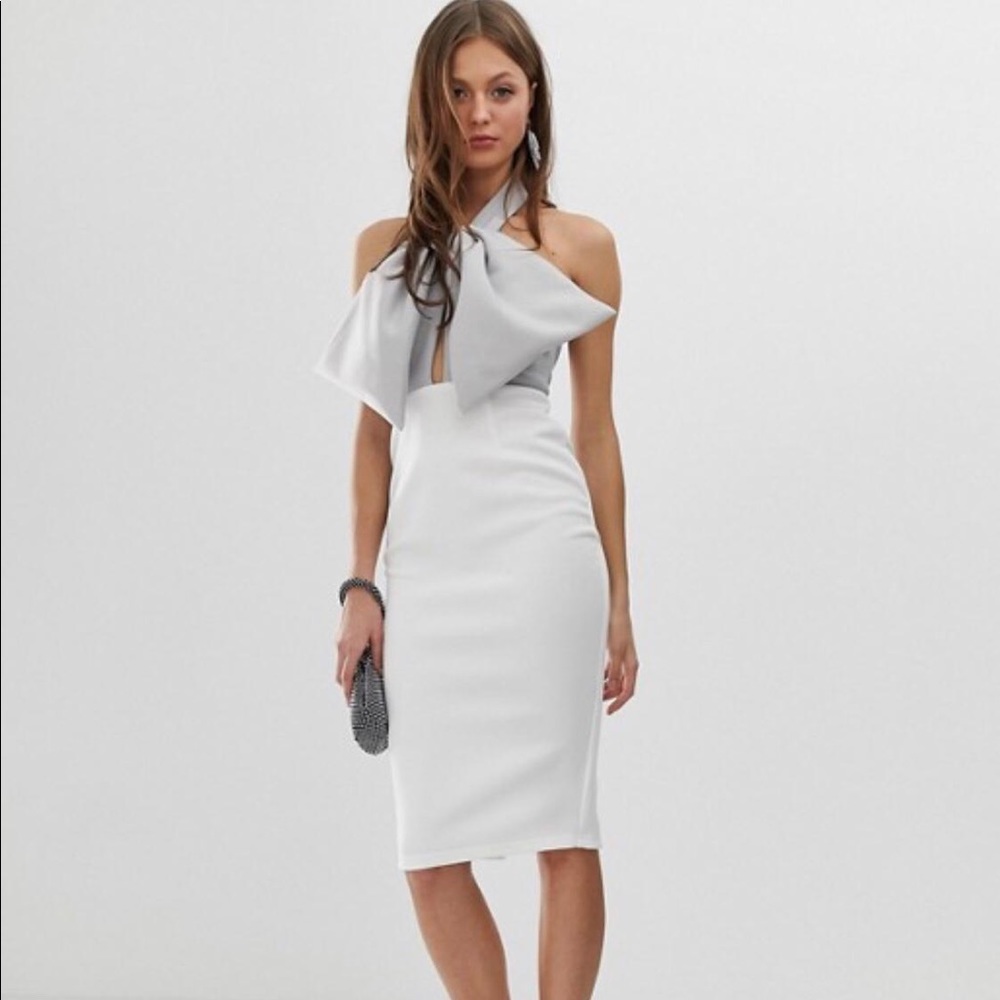 halter bow midi pencil dress